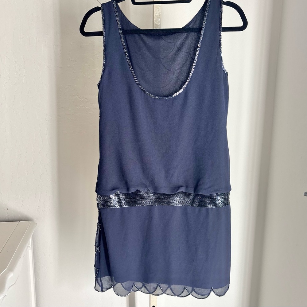 Adrianna Papell Navy Blue with Black Scalloped Bead Drop Waist 1920s Mini - Picture 4 of 11